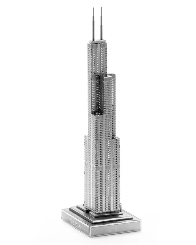 A 3D metal model kit of the Willis Tower, displayed on a white background.