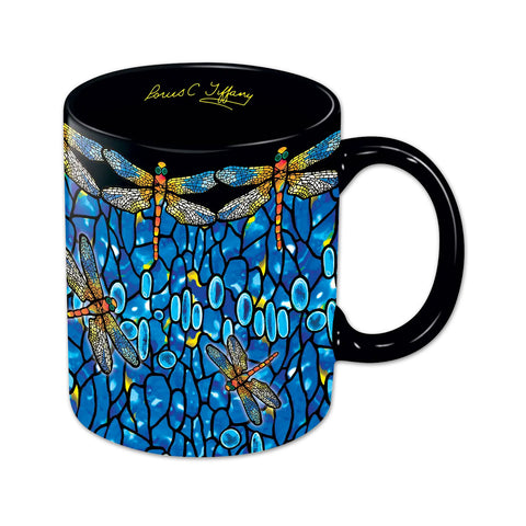 A black porcelain mug with a vibrant pattern of lace-winged dragonflies and blue oval jewels.