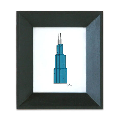 A framed print of the Willis Tower in Chicago, Illinois, displayed in a black wood frame with recycled glass.