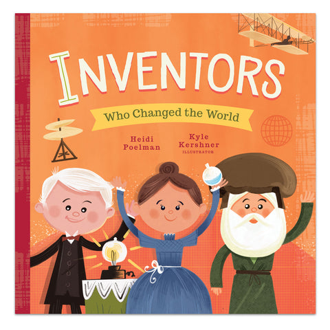 'Inventors Who Changed the World' book cover featuring colorful illustrations of famous inventors including Leonardo da Vinci, Marie Curie, and others.