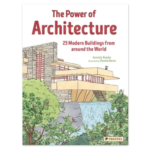 Cover of the book 'The Power of Architecture - Hardcover Book', depicting a colorful illustration of a modern building amidst natural surroundings.