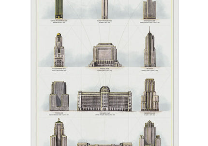 A printed art deco buildings poster featuring twelve different buildings with the years built and architect's name.