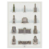 A printed art deco buildings poster featuring twelve different buildings with the years built and architect's name.
