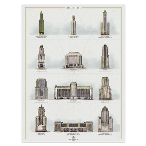 A printed art deco buildings poster featuring twelve different buildings with the years built and architect's name.