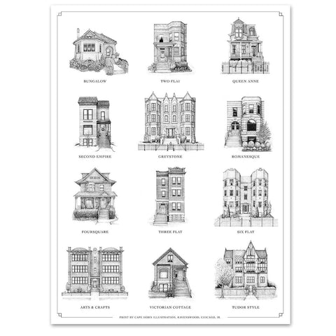 A print showcasing various architectural styles of homes in Chicago, labeled with names such as Bungalow, Three Flat, and Greystone.