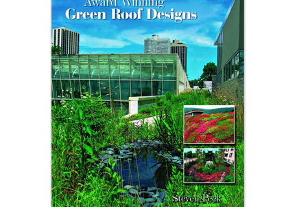 Cover of the book 'Award Winning Green Roof Designs' featuring green landscaping against a modern glass building.