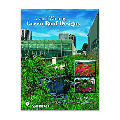 Cover of the book 'Award Winning Green Roof Designs' featuring green landscaping against a modern glass building.