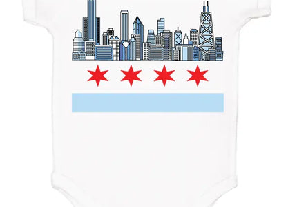 A white baby onesie with a graphic of the Chicago skyline and the Chicago flag's four red stars and light blue bar.