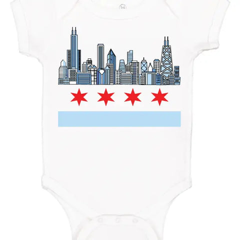 A white baby onesie with a graphic of the Chicago skyline and the Chicago flag's four red stars and light blue bar.