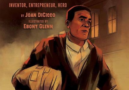 Illustration of Garrett Morgan, depicting the inventor with a determined expression, set against a backdrop suggesting a rescue operation or emergency situation.