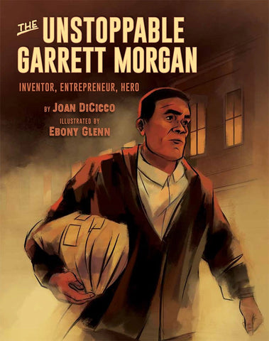 Illustration of Garrett Morgan, depicting the inventor with a determined expression, set against a backdrop suggesting a rescue operation or emergency situation.