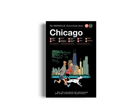 Book cover for 'Chicago: The Monocle Travel Guide Series', featuring an illustration two people and a dog running in front of the Chicago skyline in the background.