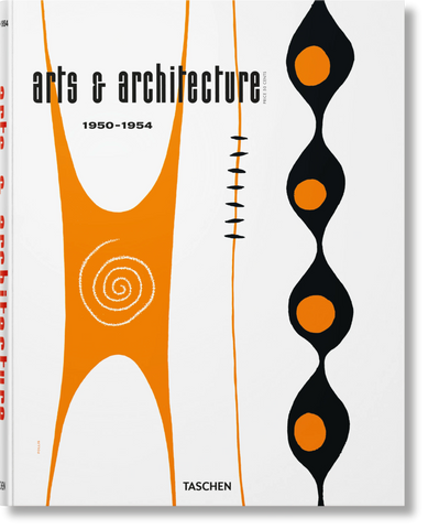 Cover of 'Arts & Architecture 1950-1954' book featuring graphic design elements such as circles and swirls in orange and black colors.