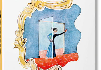 Cover of 'domus 1928-1939' book featuring an illustrated scene with a woman opening a glass door into a room and waving.