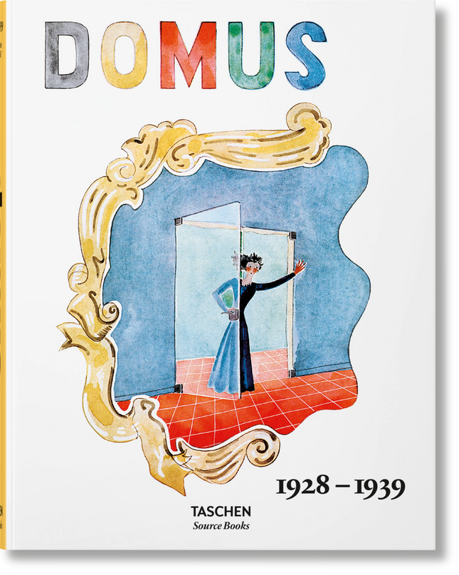 Cover of 'domus 1928-1939' book featuring an illustrated scene with a woman opening a glass door into a room and waving.