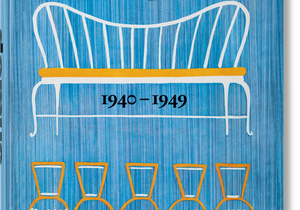 Cover of 'domus 1940-1949' featuring illustrations of a long bench and a row of vases against a blue background.