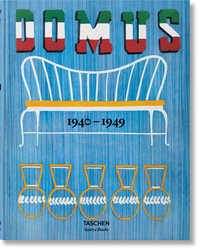 Cover of 'domus 1940-1949' featuring illustrations of a long bench and a row of vases against a blue background.