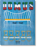 Cover of 'domus 1940-1949' featuring illustrations of a long bench and a row of vases against a blue background.