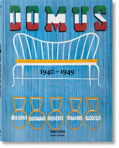 Cover of 'domus 1940-1949' featuring illustrations of a long bench and a row of vases against a blue background.
