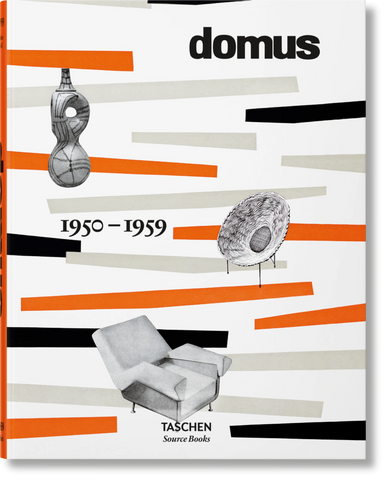 Cover of 'domus 1950-1959' featuring graphic design elements, geometric chairs and sculpture.
