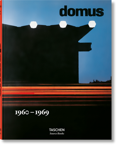 Cover of 'domus 1960-1969' book featuring a building at dusk with a red streak of movement below.