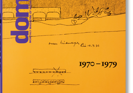 Cover of 'domus 1970-1979' book featuring a building sketch on a yellow background.
