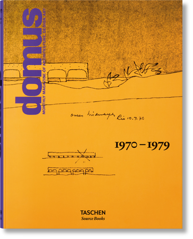 Cover of 'domus 1970-1979' book featuring a building sketch on a yellow background.