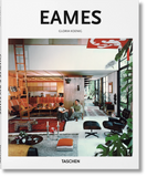 Cover of the 'Eames Taschen Basic Art' book, featuring a photograph of Charles and Ray Eames sitting in a home with various furniture pieces and decorative items.