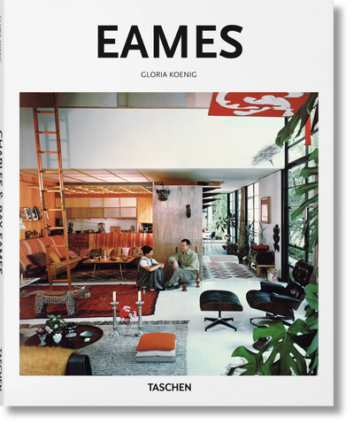Cover of the 'Eames Taschen Basic Art' book, featuring a photograph of Charles and Ray Eames sitting in a home with various furniture pieces and decorative items.