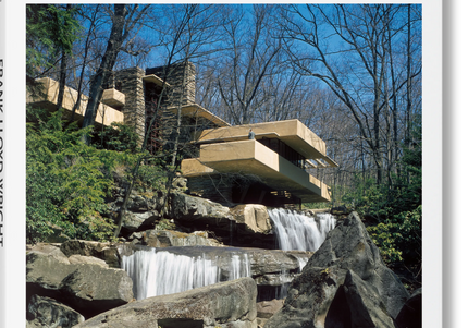 Cover of the book 'F. L. Wright' featuring a home in the woods, overlooking a flowing waterfall.