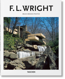 Cover of the book 'F. L. Wright' featuring a home in the woods, overlooking a flowing waterfall.