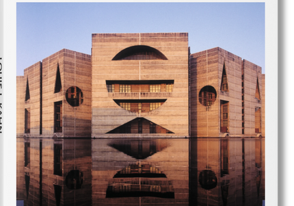 Cover of the book 'Louis I. Kahn' showcasing a photograph of a building with geometric shapes and a reflective surface.