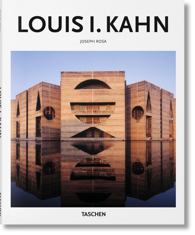 Cover of the book 'Louis I. Kahn' showcasing a photograph of a building with geometric shapes and a reflective surface.