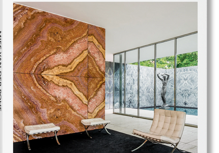Cover of the book 'Mies van der Rohe' showing a photograph of a room with minimalist furniture and a wall of natural stone.