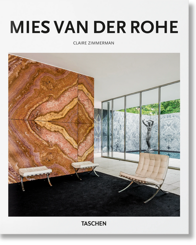Cover of the book 'Mies van der Rohe' showing a photograph of a room with minimalist furniture and a wall of natural stone.