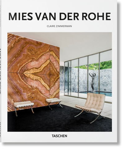 Cover of the book 'Mies van der Rohe' showing a photograph of a room with minimalist furniture and a wall of natural stone.