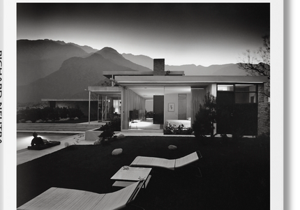 A cover image of a book titled 'NEUTRA' by TASCHEN featuring a black and white photograph of an architectural building with mountains in the background.