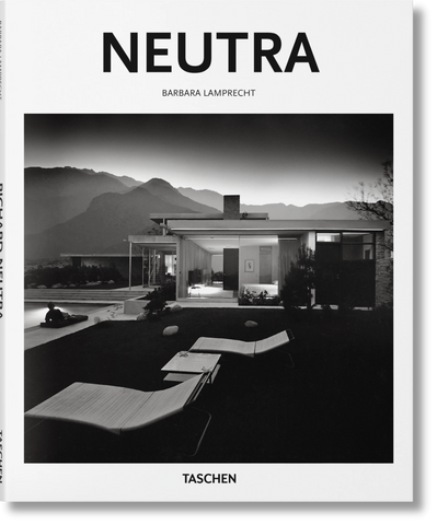 A cover image of a book titled 'NEUTRA' by TASCHEN featuring a black and white photograph of an architectural building with mountains in the background.