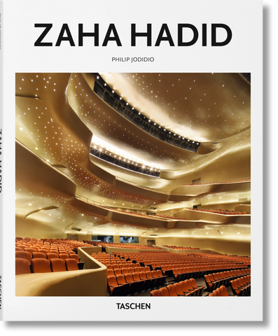 Cover of the book 'Zaha Hadid Taschen Basic Art' featuring a photograph of an interior architectural space with intricate ceiling details and lighting.