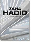 Cover of the book 'Zaha Hadid Complete Works 45th Edition' showcasing architectural patterns and the author's name.