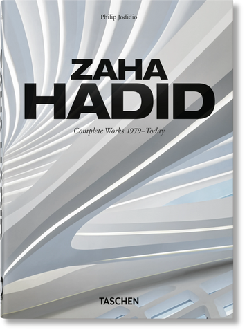 Cover of the book 'Zaha Hadid Complete Works 45th Edition' showcasing architectural patterns and the author's name.