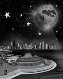 A digital illustration of the Adler Planetarium with the Chicago skyline in the background, featuring a large moon, stars, and a cloudless night sky.