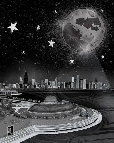 A digital illustration of the Adler Planetarium with the Chicago skyline in the background, featuring a large moon, stars, and a cloudless night sky.
