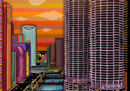 A colorful digital illustration of a cityscape featuring the Marina City towers along the Chicago River.