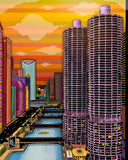 A colorful digital illustration of a cityscape featuring the Marina City towers along the Chicago River.