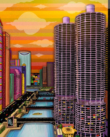 A colorful digital illustration of a cityscape featuring the Marina City towers along the Chicago River.