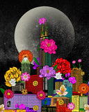 A colorful digital illustration print of the Chicago cityscape with flowers and a full moon in the background.