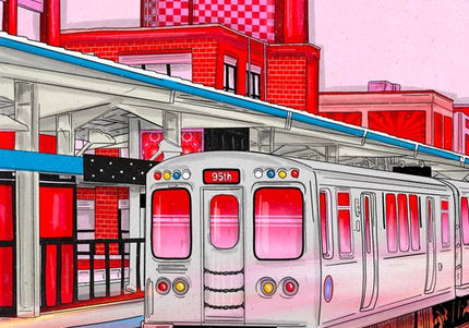 A colorful illustration of a Chicago subway train station, predominantly red with white and gray tones, titled 'The Red Line' from the 'I Love You, Chicago' series.