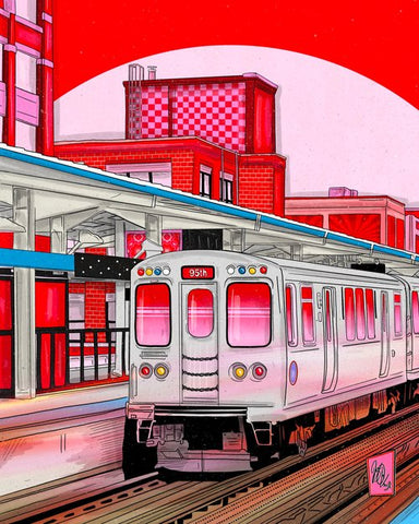A colorful illustration of a Chicago subway train station, predominantly red with white and gray tones, titled 'The Red Line' from the 'I Love You, Chicago' series.