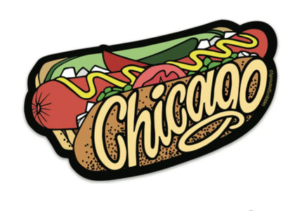 Sticker of a Chicago-style hot dog with 'Chicago' text on the bun